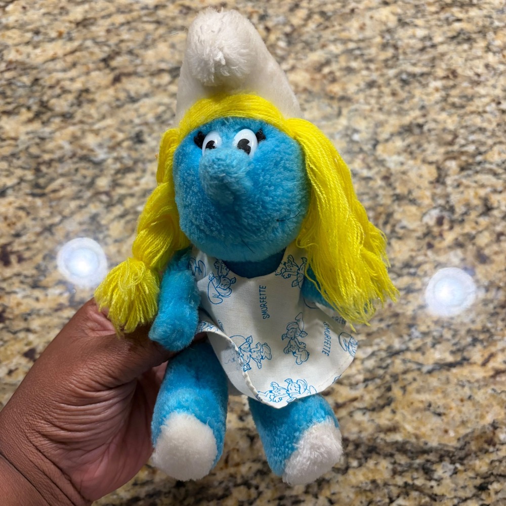 Vintage 1981 Smurfette Plush 8 inch Wallace Berrie Blue Smurfs Toy Yarn Hair